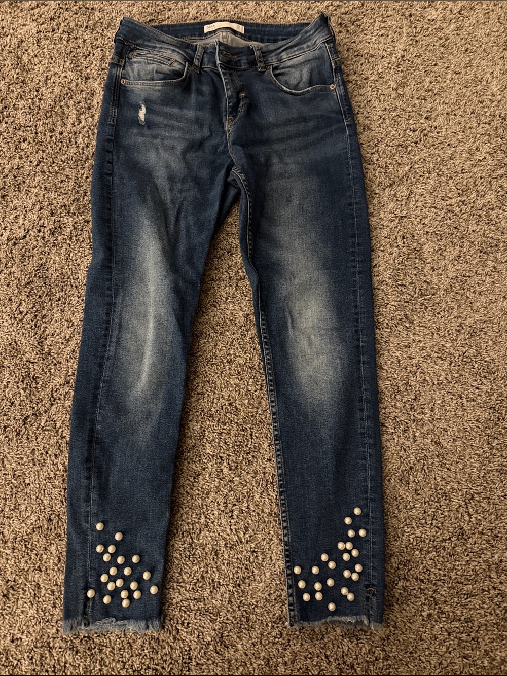 Zara Dark Blue Cropped Skinny Jeans with Pearl Studs